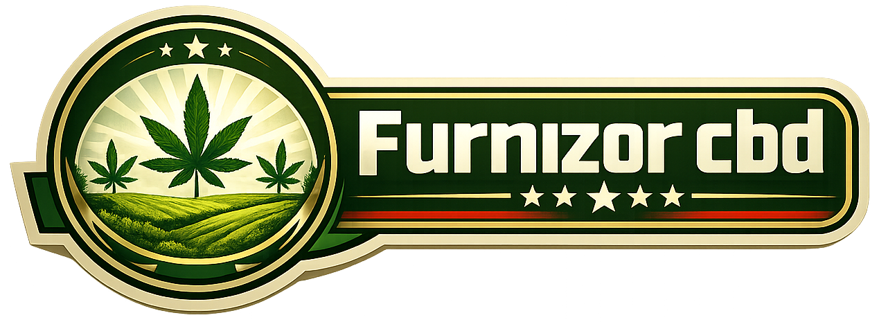 În partea dreaptă este afișat textul „Furnizor CBD” cu litere mari, clare și elegante, în nuanțe de verde și auriu. Designul transmite încredere, profesionalism și identitate premium în domeniul CBD.